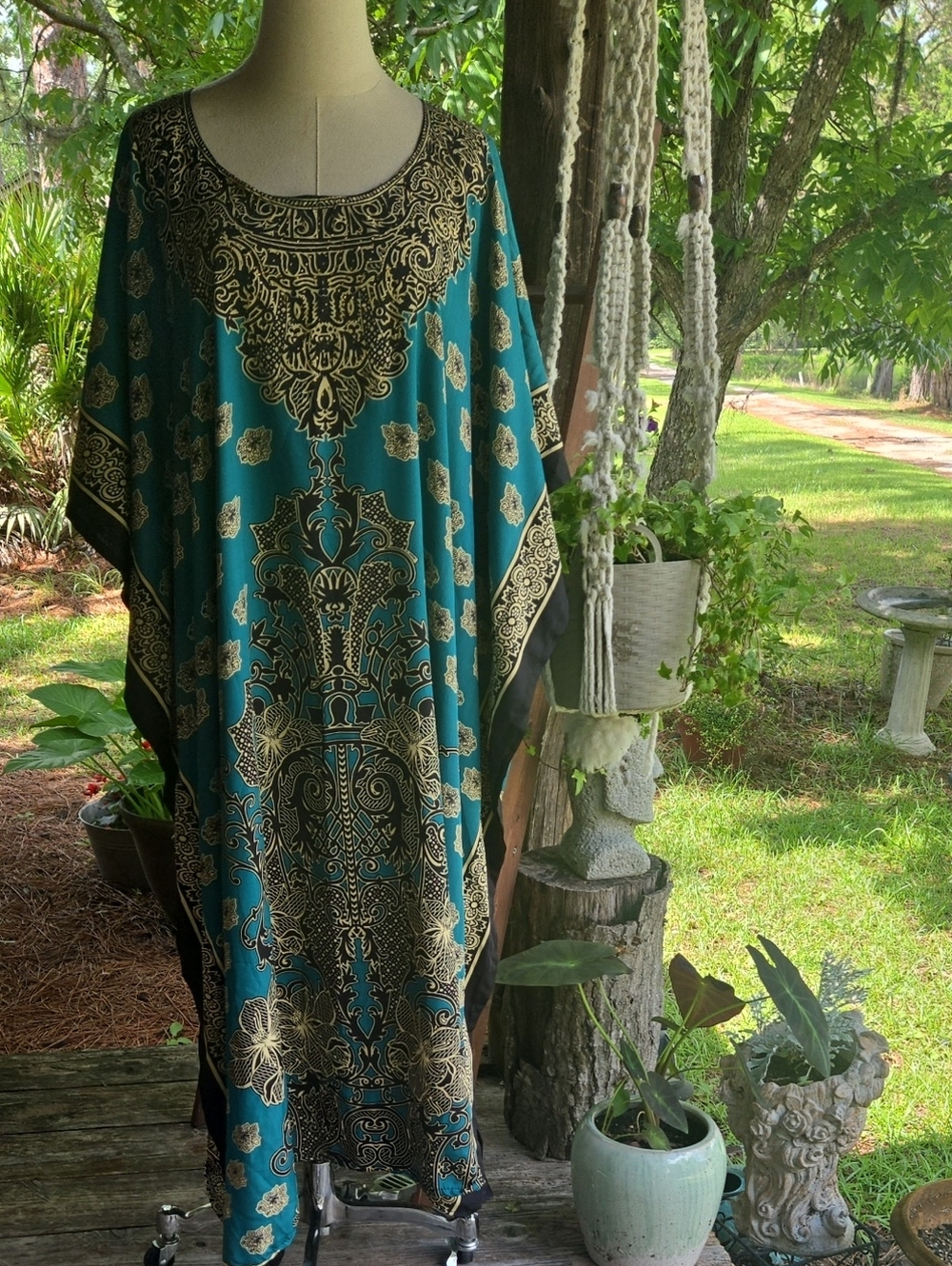 Sante Classics Emerald Green Black And Gold Print Beaded Caftan Muumuu